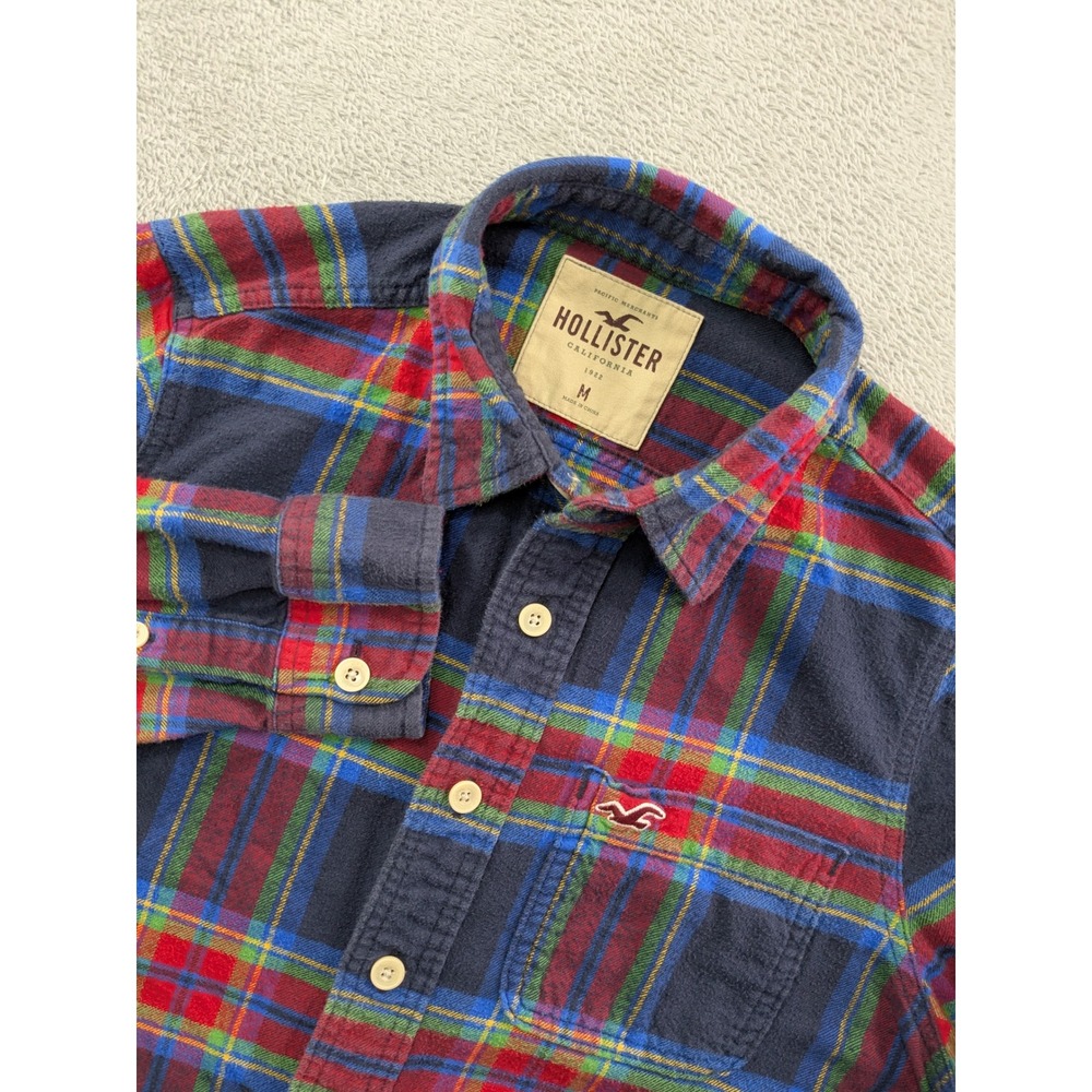 Hollister Mens Flannel Shirt Medium Navy Blue Red Plaid Long Sleeve Cotton